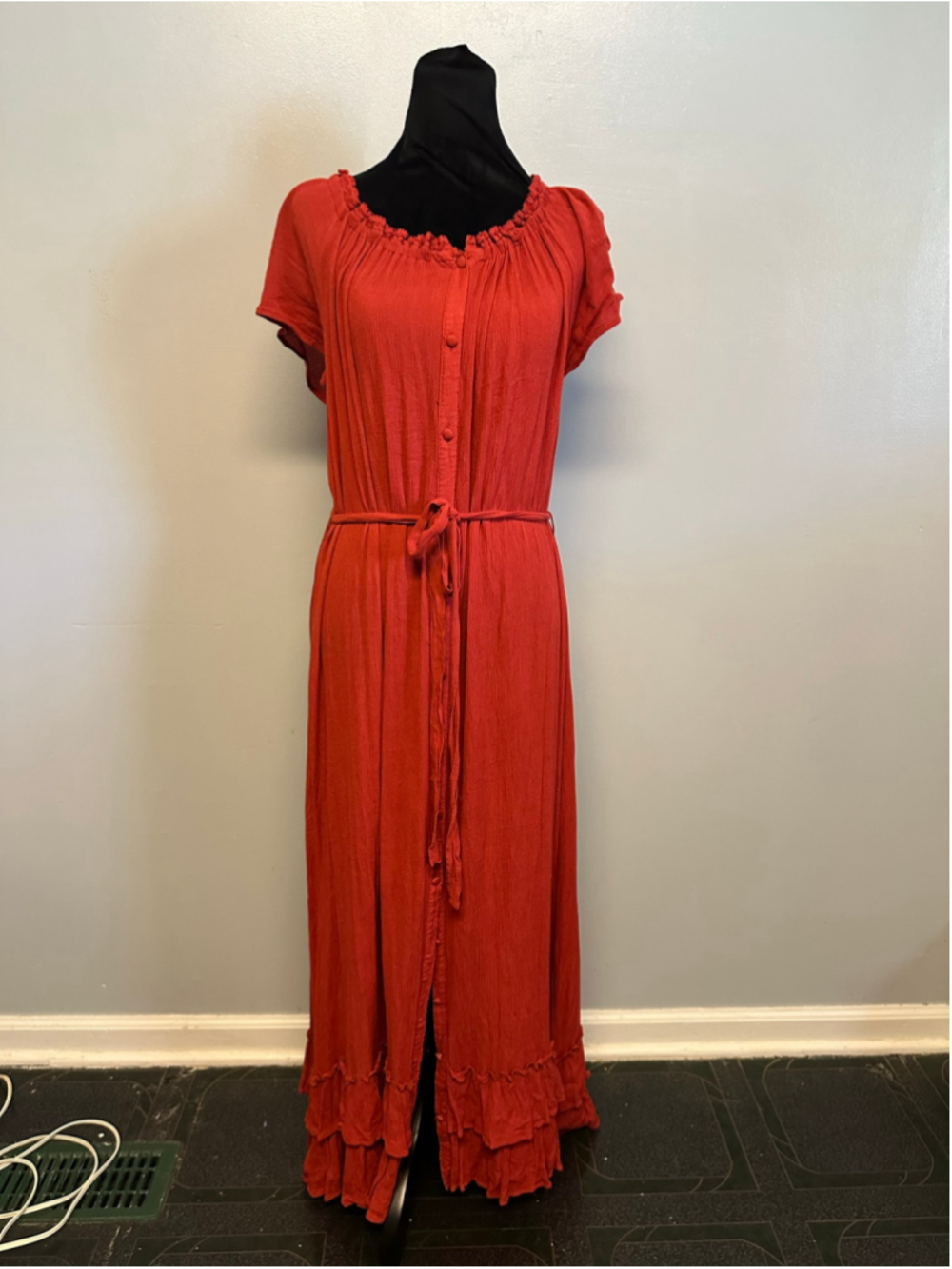 Easel Red Maxi Dress Womens Size Large Ruffle A-Line Short Sleeve Stretch